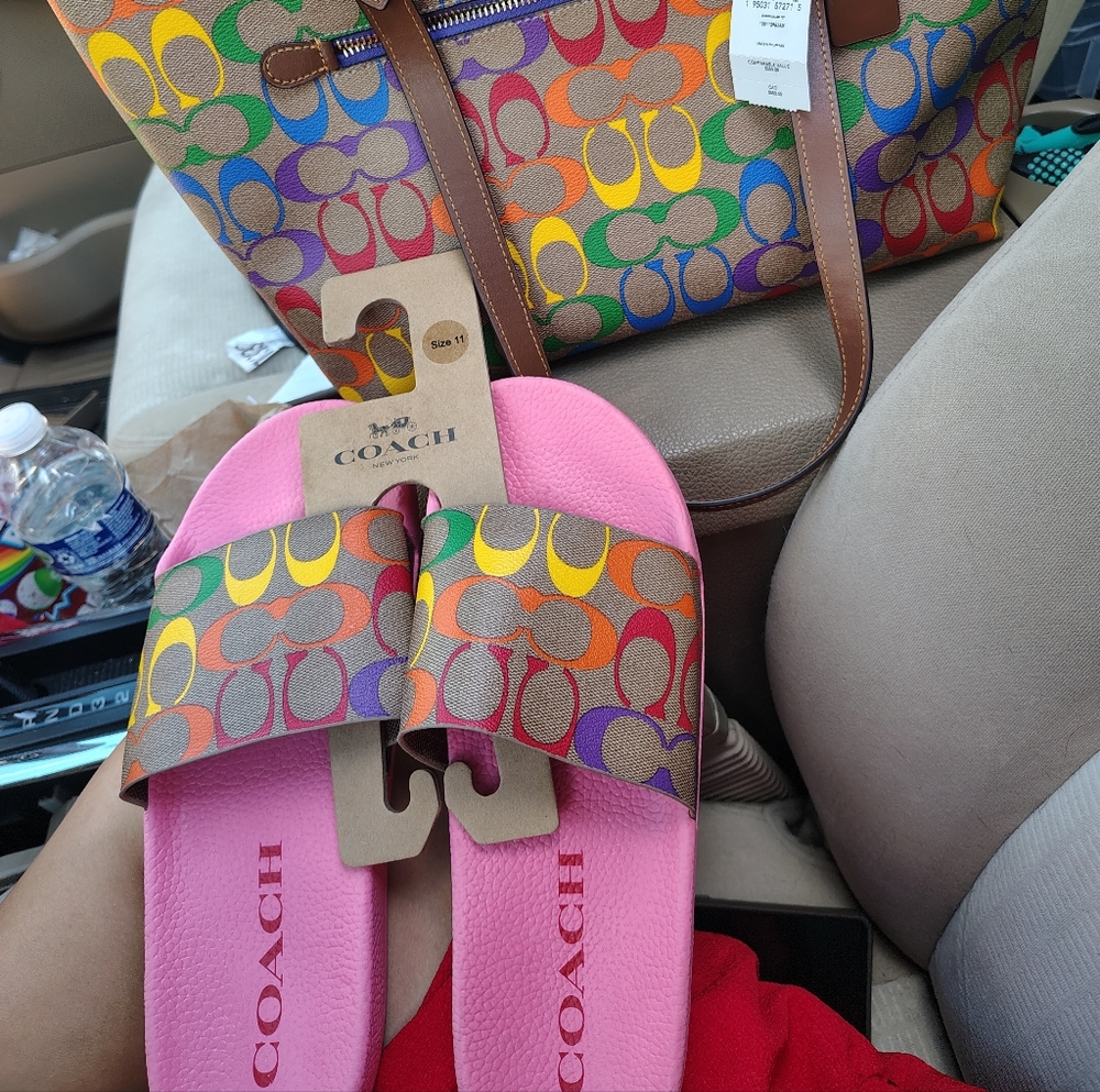 Coach Pink Slides and Multicolor Tote Set